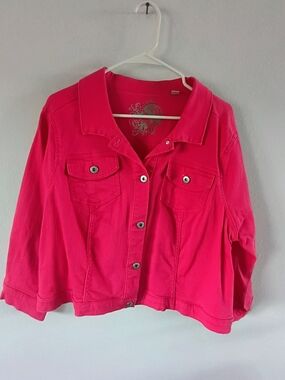 OneWorld 2X Hot Pink Stretch Cropped Jacket Button Front Plus Size Statement Lay